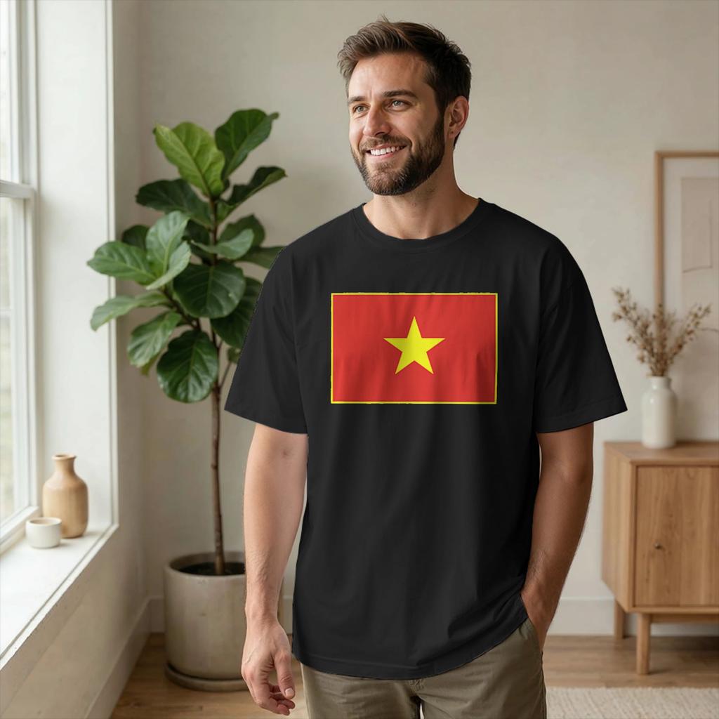 Vintage Vietnam Flag Yellow Star Asia T-Shirts for Men Crew Neck Cotton T Shirt Souvenir Short