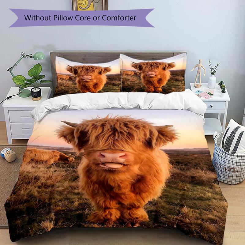 3pcs Highland Cow Bedding Set - Includes One Quilt Cover and Two Pillowcases (No Core) - Home Decor, Festival Gift, Polyester Fabric, Anime
