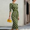 Damen Sommer Mode Polka Dot Bodycon Kleid mit Rundhalsausschnitt Gürtel Taille Enganliegend Midi Kleid
