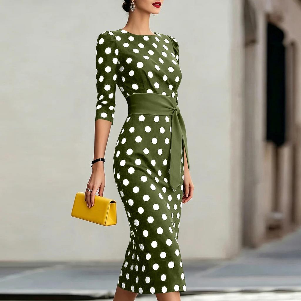 Damen Sommer Mode Polka Dot Bodycon Kleid mit Rundhalsausschnitt Gürtel Taille Enganliegend Midi Kleid