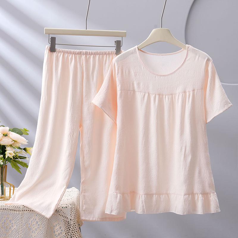 

2026 Cloud Cotton Women s Pajama Set: Spring/Autumn Thin Short Sleeve Top & Long Pants, Ideal for Outdoors & High-End Home Wear. L (up to 60 kg)