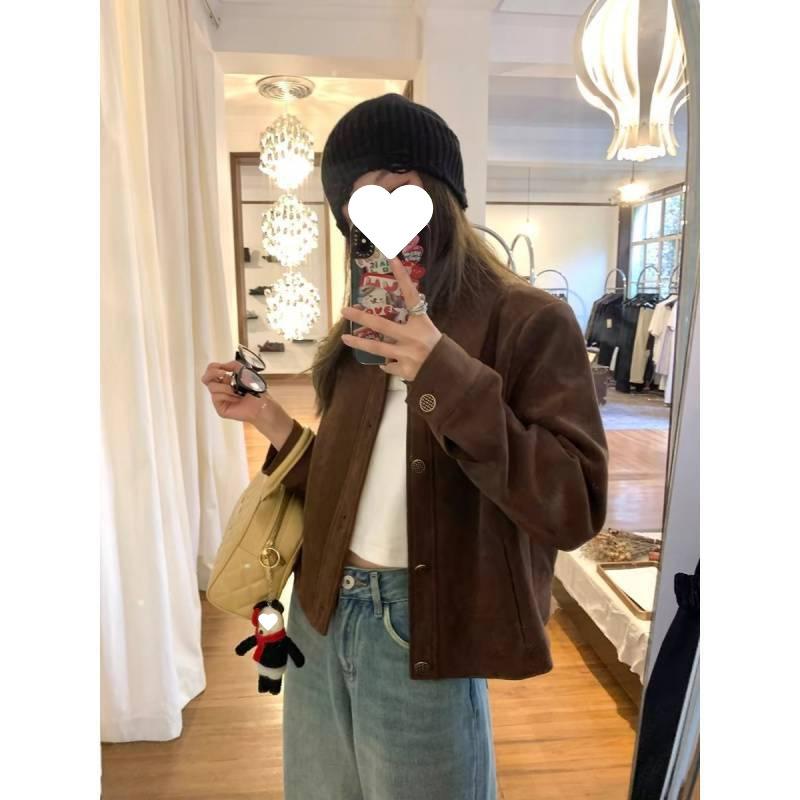 Giacca Corta da Donna in Pelle Scamosciata Color Cammello - Stile Coreano Retrò Primavera/Autunno