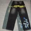 RogueWave European and American Retro High Street Hip-hop Oldschool Skull Embroidery Loose Casual Stylish Jeans Trousers