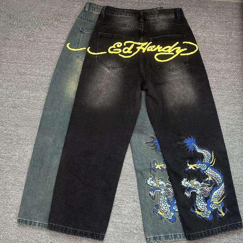 RogueWave European and American Retro High Street Hip-hop Oldschool Skull Embroidery Loose Casual Stylish Jeans Trousers