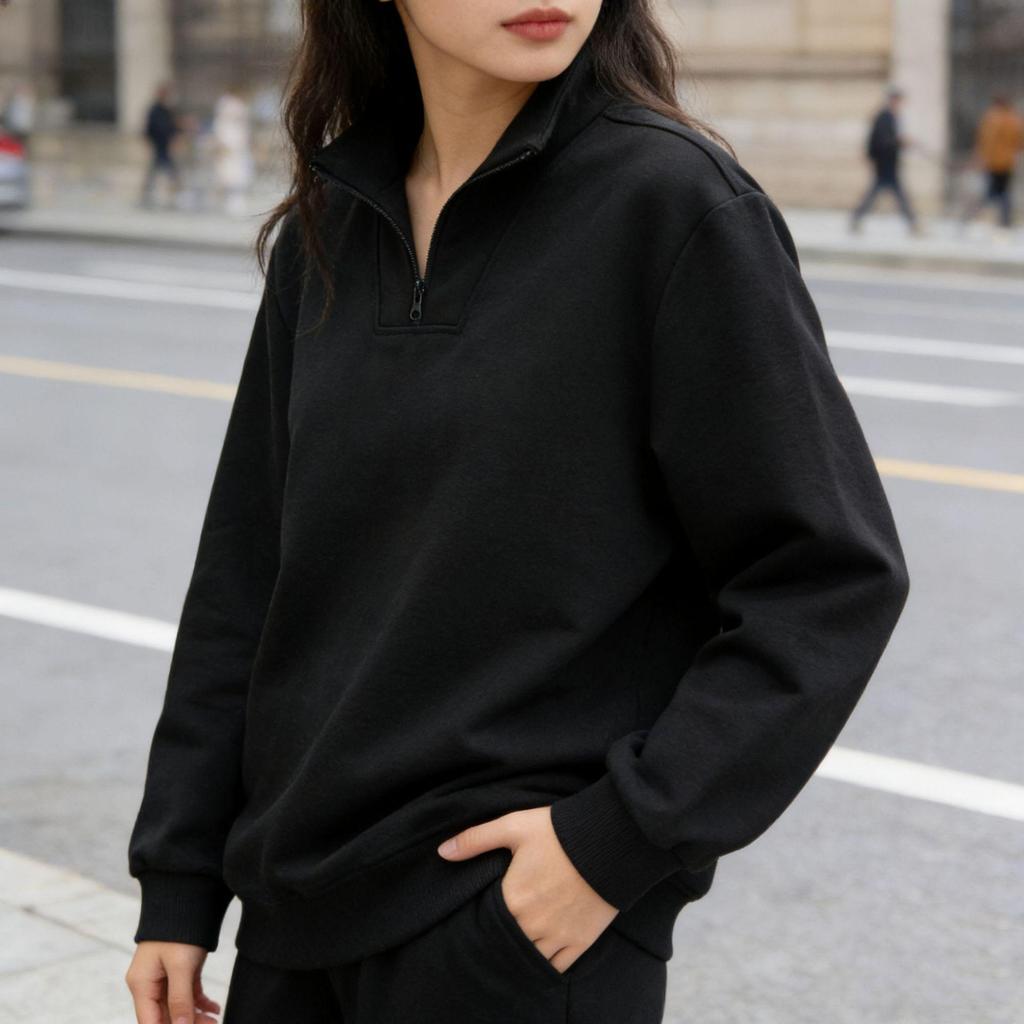 2025 Autumn/Winter Women's Cotton Half-Zip Stand Collar Casual Hoodie - Fashionable Versatile Business Outerwear Top