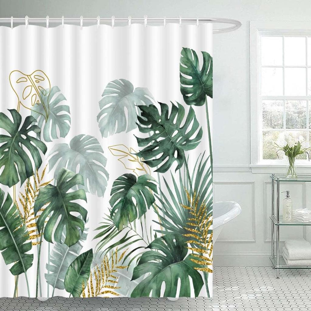 Tropical Palm Leaves Shower Curtain Set Green Plant Leaves Leaf Pumpkin Red Truck Halloween Christmas Decor Bathroom Curtains