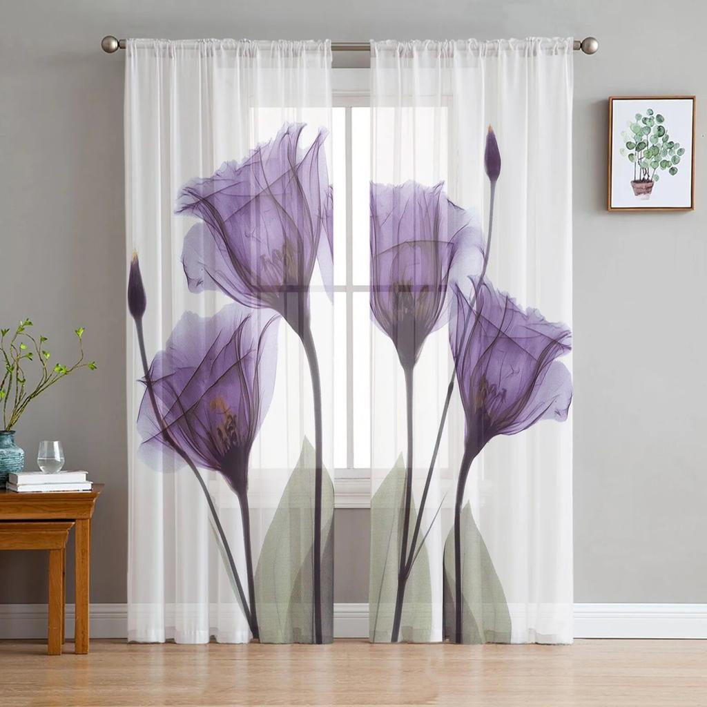 Blue Flower Abstract White Tulle Curtains for Living Room Drapes Window Sheer Modern Curtains for Bedroom Decor