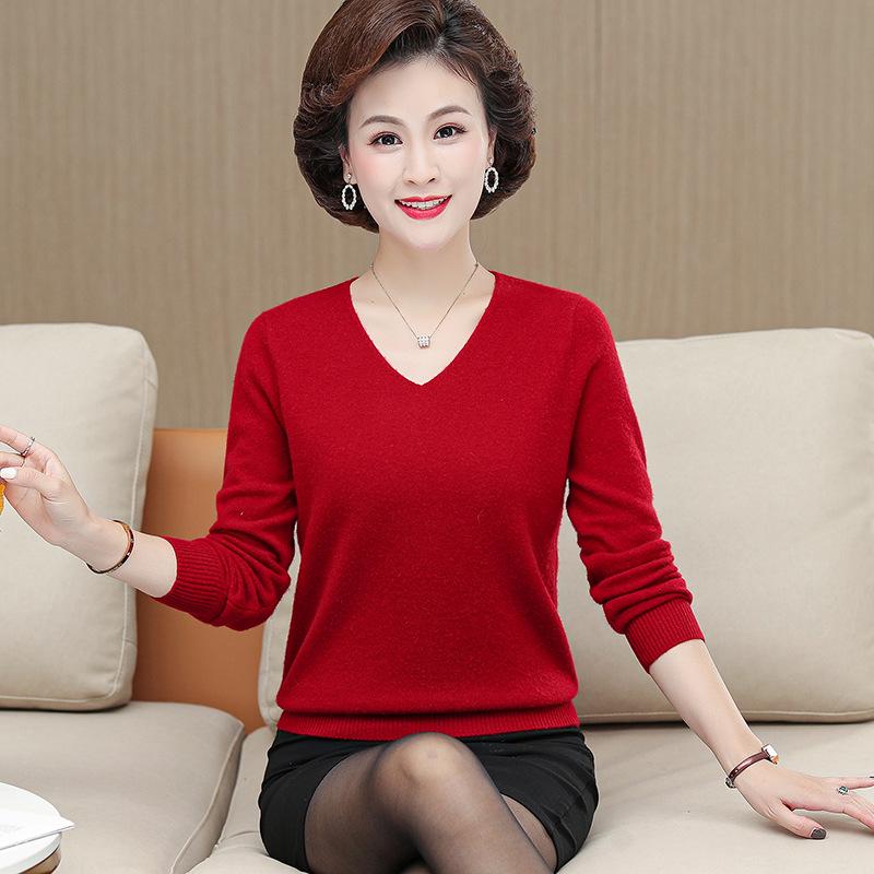 High-End Versatile Cashmere V-Neck Sweater for Middle-Aged and Elderly Women, Plus Size Warm Wool Base Layer