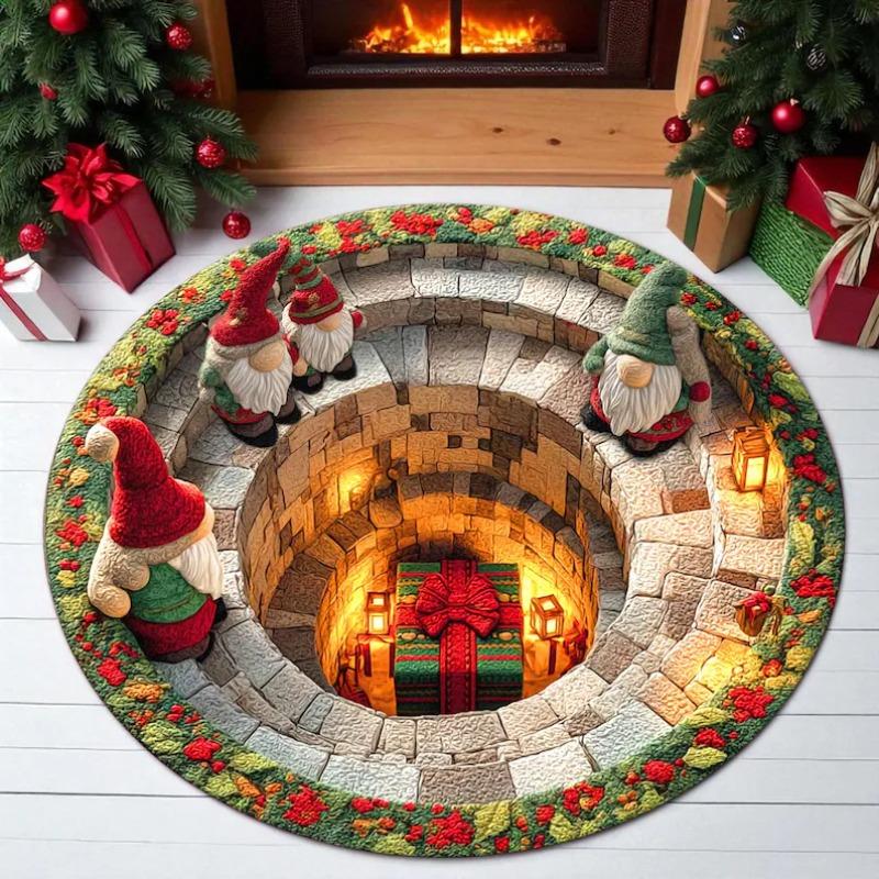 Christmas Gnome 3D Illusion Rug Festive Geometric Round Carpet Cute Nordic Gnome Floor Mat Christmas Gift Home Decor