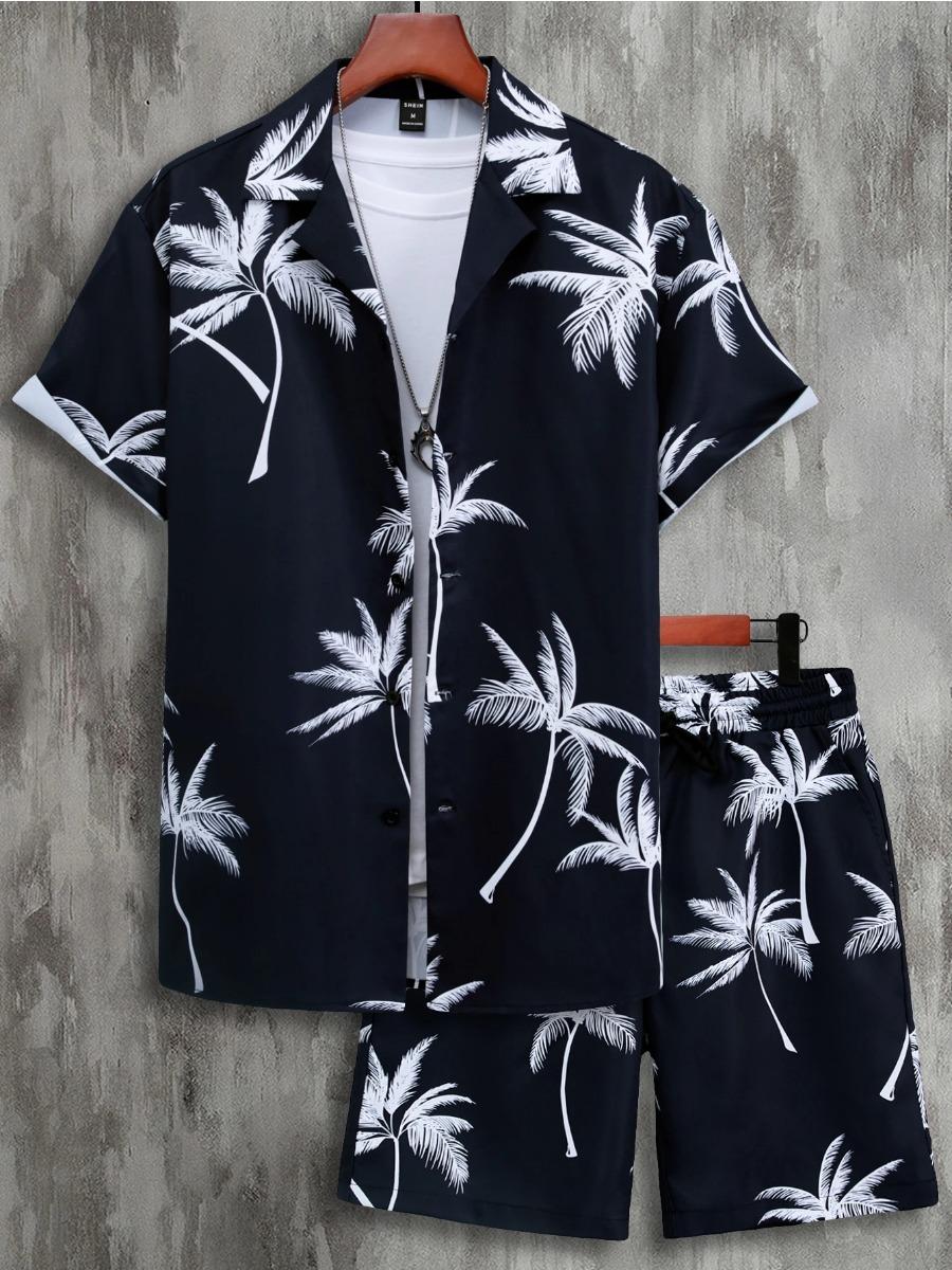Ensemble Deux Pièces Chemise et Short Imprimé Arbre de Coco Hawaïen pour Vacances Décontractées 2XL gray