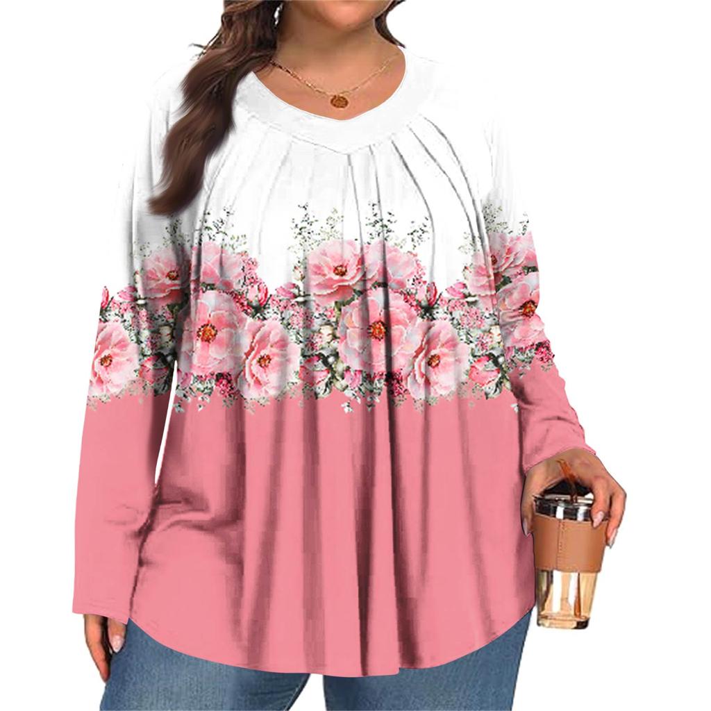 Dámská móda plus size Tištěný ležérní plisovaný top s kulatým výstřihem a dlouhým rukávem