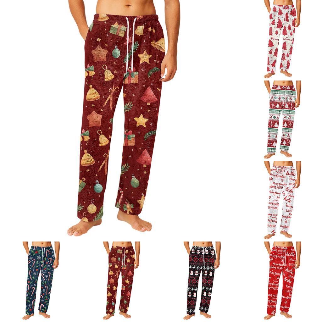 Men's Drawstring Pocket Flannel  Pants Homewear Sleep Pants