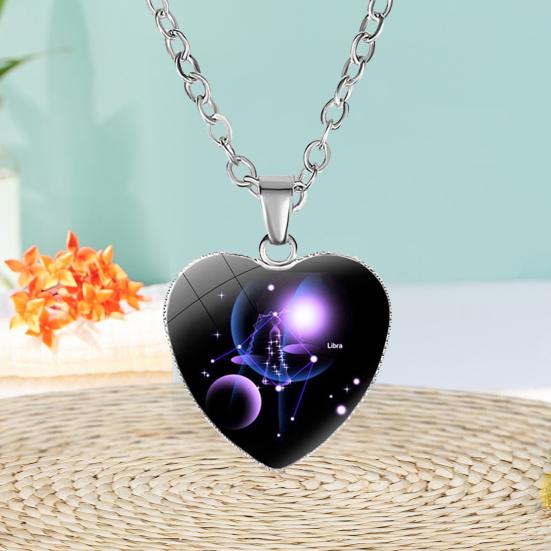 Love Heart Necklace Fashion Charming Glass 12 Zodiac Constellations Sign Pendant for Women