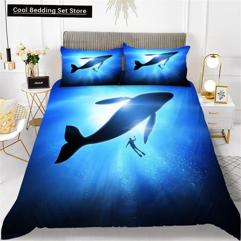 Whales King Queen Duvet Cover Ocean Animal Bedding Set Seaweed Starfish Marine Life Quilt Cover Blue Polyester Comforter Cover
