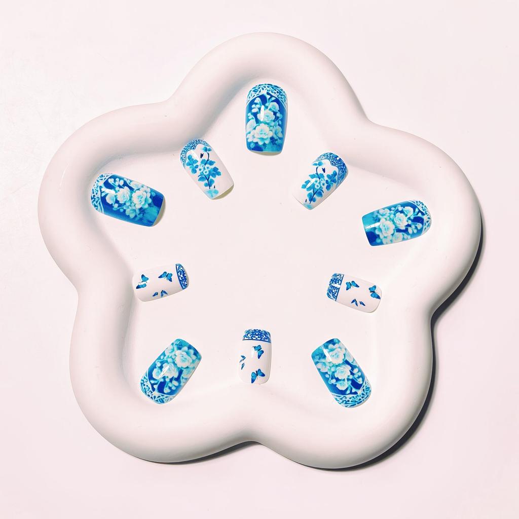 Blue & White Porcelain Press-On Nails - Chinese Style with Butterfly Design, Includes 24 Stickers