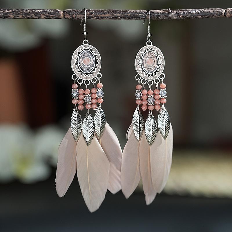 Boho Lange Feder Hängende Ohrringe für Damen Blatt Quaste Kristallperlen Handgefertigt Runde Blume Emaille Hochzeit Braut Schmuck Geschenk