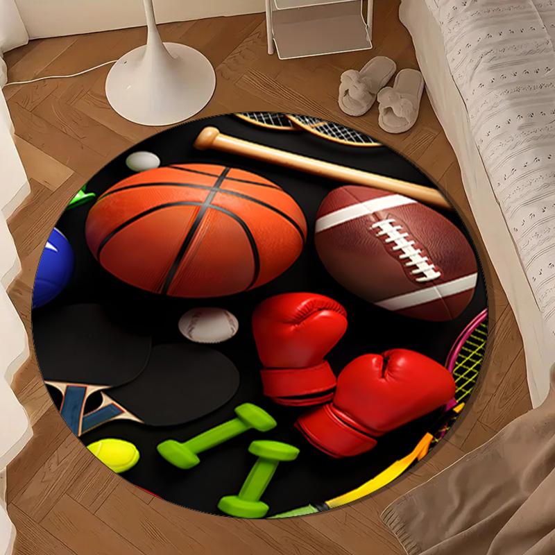 Sports Equipment Collection Round Rug for Livingroom,Bedroom, Palyroom, Chair Rug, Area Rug, Circle Carpet, Large Size Fan Christmas Gift