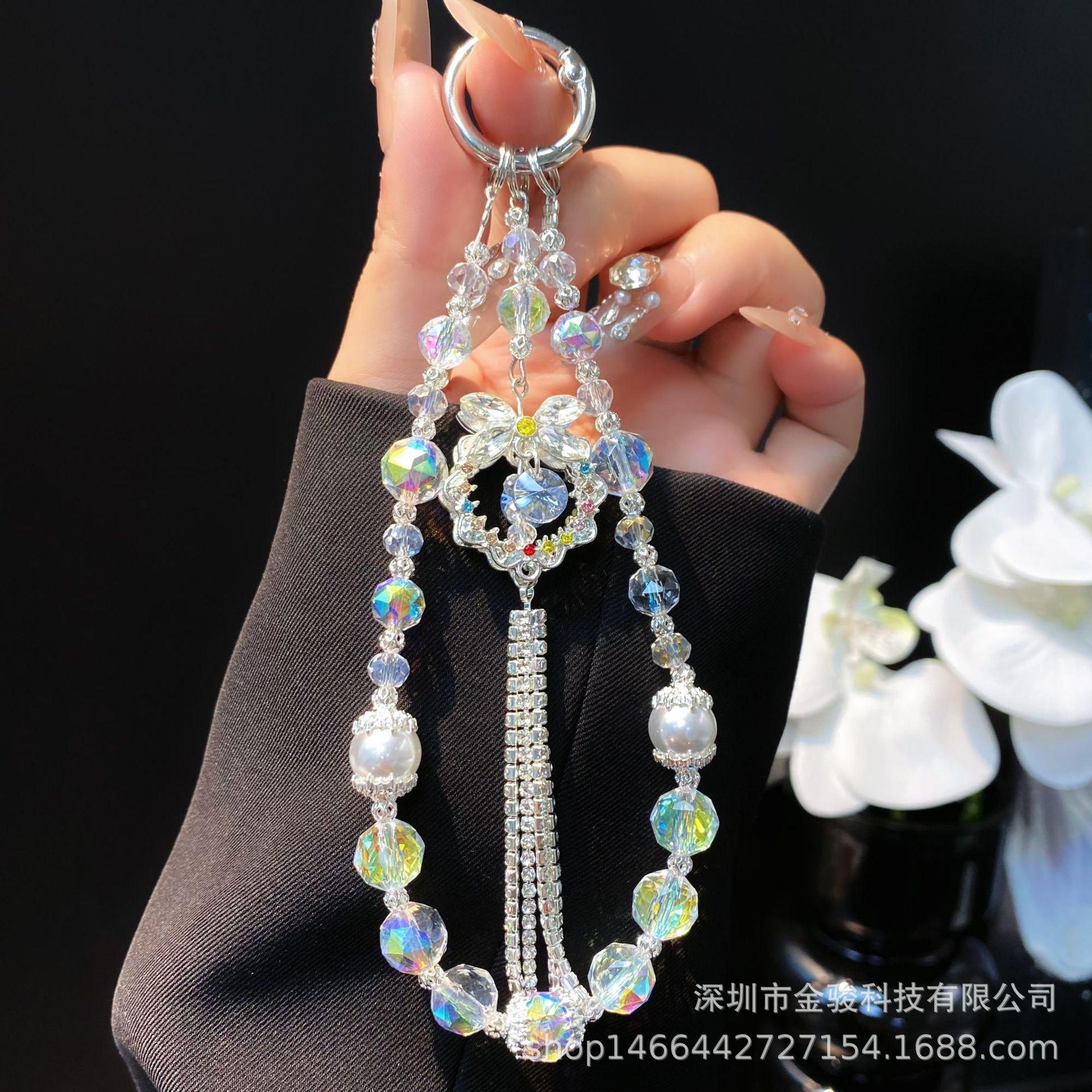 

Luxury High-End Feel Phone Chain Colorful Diamond Claw Chain Pendant Four-Leaf Clover Zircon Crystal Pearl Phone Chain for Women White【Hollow Beaded Sty