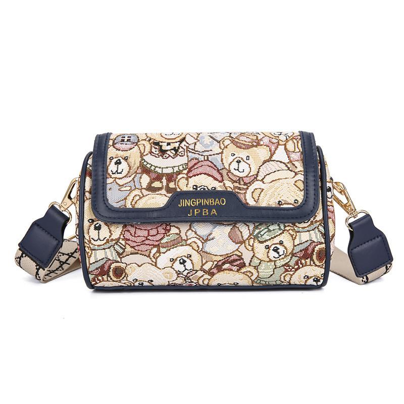 Small Bear Embroidered Woman Bag Small Square Bag With Cotton Linen Material
