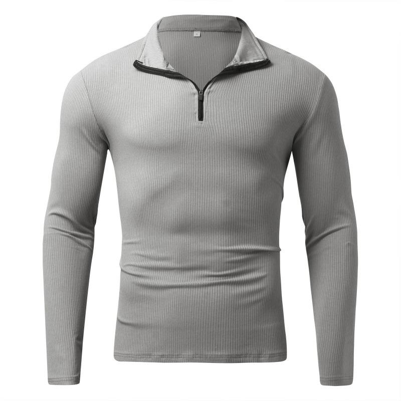 Men Long Sleeve Zipper Stand Collar Striped Thick Casual Polo Shirt