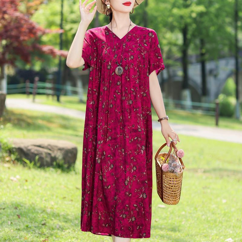 Elegant Women's Summer Dress Plus Size Short Sleeve Casual Loose Long Dresses Vintage Clothes
