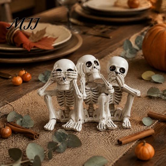 Retro Bone Texture Sculpture Halloween Three Wise Skull Ornaments, See No Hear Speak Evil Conjoined Resin Gothic Desktop Statue Skeleton Statue,