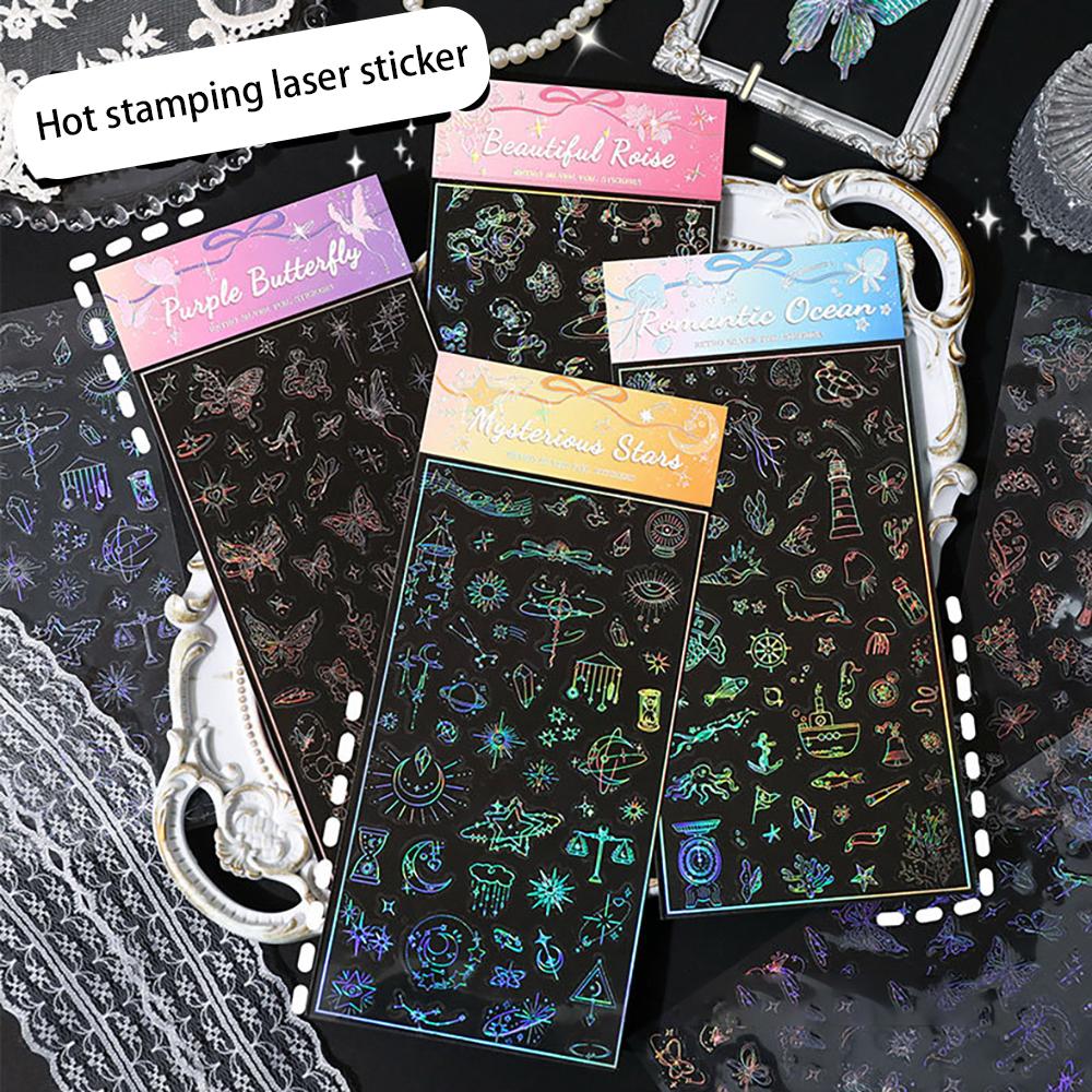 Retro laser stickers, creative hot silver colorful stickers, DIY account decoration materials, butterfly flower stickers