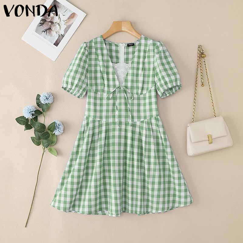 VONDA Women Patchwork Lace V Neck Puff Sleeve Plaid Print Casual Ruffled Dress