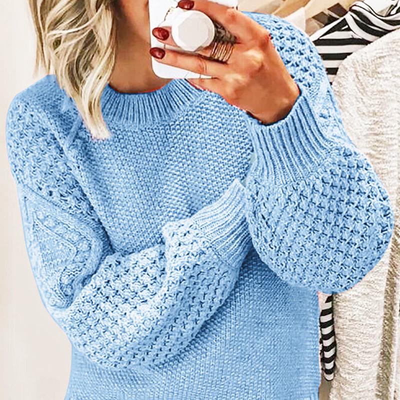 Women's Long-Sleeve Round Neck Cable Knit Pullover Sweater – European & American Fashion