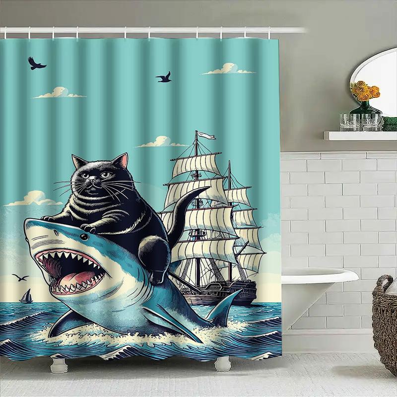 Whimsical Shower Curtain Featuring Black Cat Riding Shark Vintage Sailboat Perfect for Nautical Themed Bathrooms