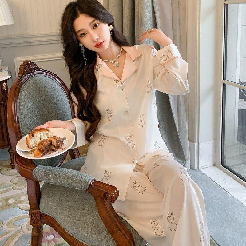 Silk Pajamas Women's Long Sleeve Cardigan Long Pants Pajamas Set Printed Kawaii Clothes Home Clothes