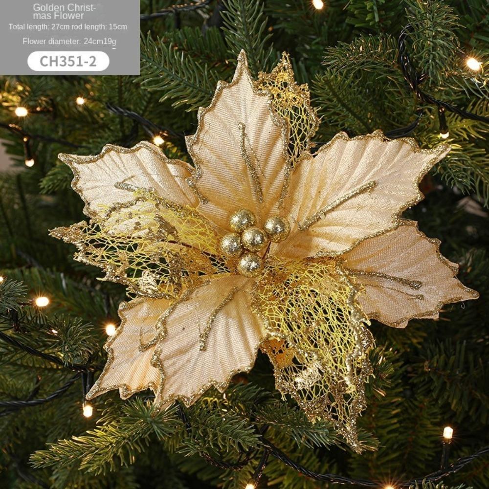 New 24cm Poinsettia Glitter Flower DIY Large Christmas Flowers Wedding Decor Fake Flowers Xmas Tree Decorations