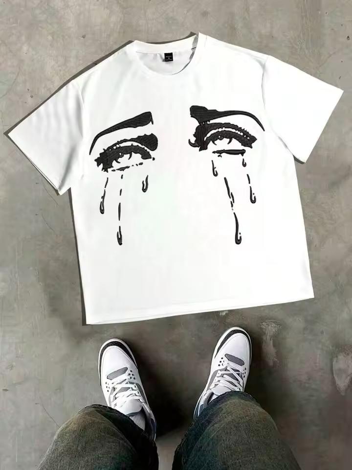 New Fashion Women Y2K Print T-Shirt Apparel, Crying Eyes Emotional Letter Graphic Crew Neck Casual Short Sleeve Summer Daily Tee