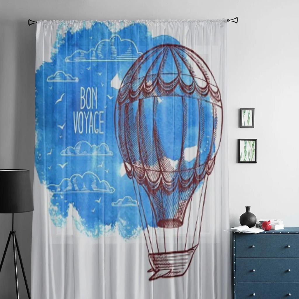 Retro Kort Flygende Ballong Blå Chiffon Gjennomsiktige Gardiner for Stue Soverom Kjøkken Dekorasjon Vindu Voiles Tyllgardin