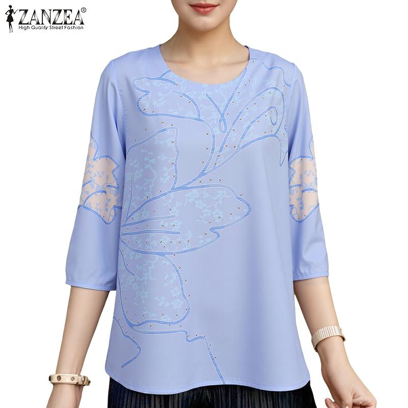 ZANZEA Women Casual Round Neck Loose 3/4 Sleeve Print Blouse
