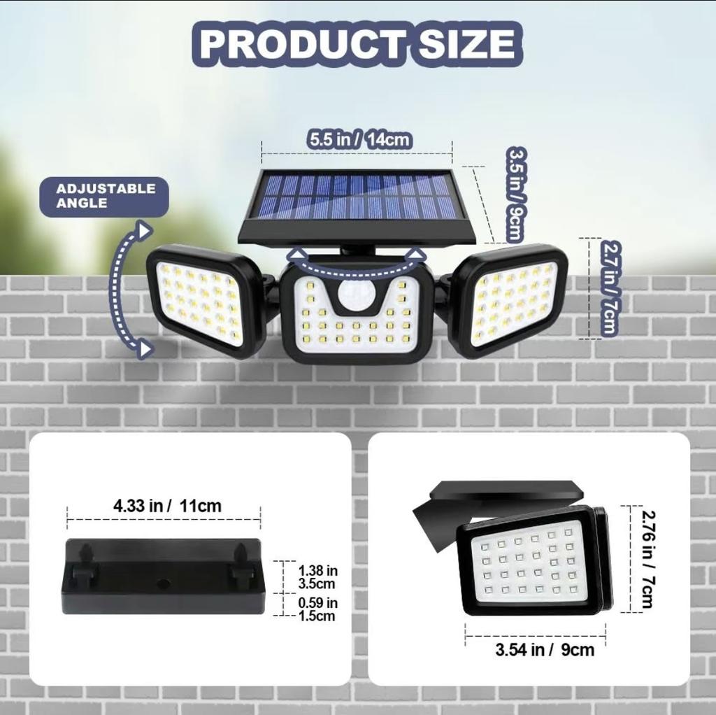 Modern IP65 Solar Garden Light Motion Sensor LED Wall Lamp Outdoor Waterproof 3 Sides 74 LED