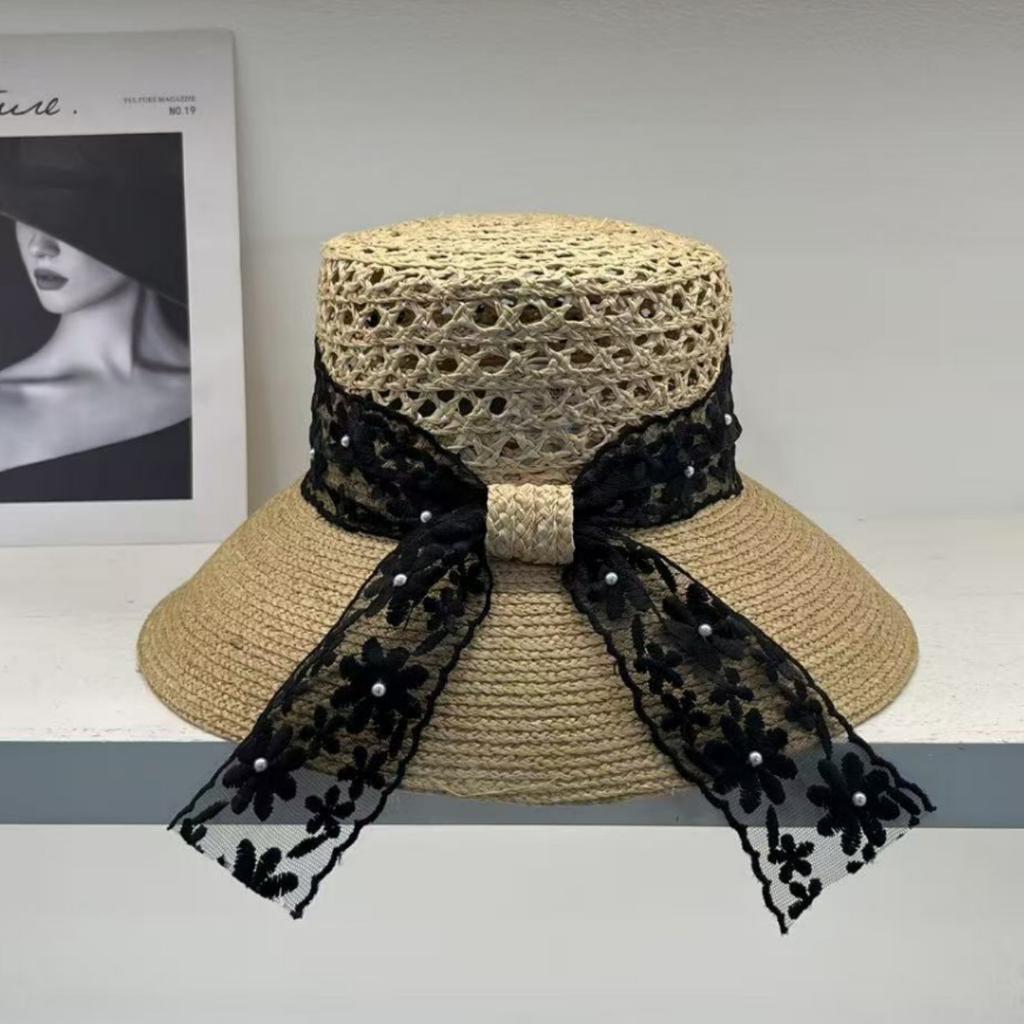 French lace bow raffia big edge sun protection straw hat women's summer travel shade seaside vacation beach hat