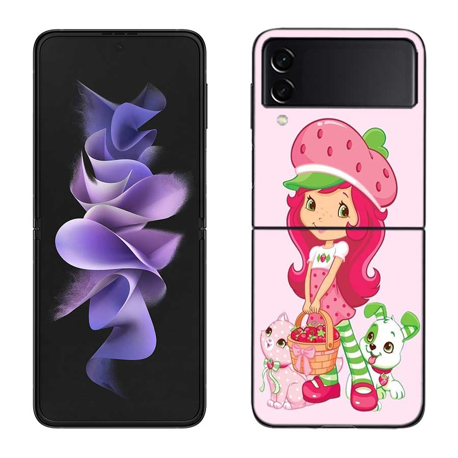 S-Strawberry Cute S-Shortcak Case for Samsung Galaxy Z Flip 6 5G Z Flip 5 4 3 5G Black Hard Cell Phone Cover Luxury PC Shell Coq