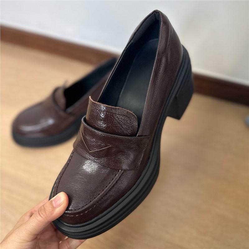 

7см~ Бесшумная подошва мягкая кожа толстая подошва лоферы женские толстый каблук высокий каблук туфли-лодочки для девочек небольшой рост маленькие кожаные туфли 39