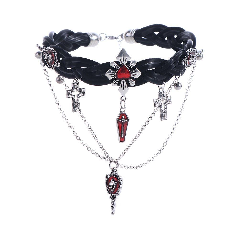 Punk Corss Halloween Skull Choker Skeleton Red Y2K Leather Necklace Gothic Imitation Pearl Tassel Beaded Necklace Unisex