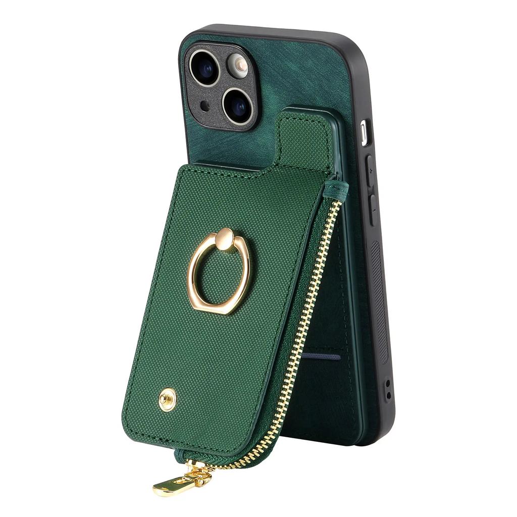 Vertical Cards Slot Ring Holder Zipper Wallet Case For iPhone 15 Pro Max 14 Plus 13 12 11 XS X XR 7 8 SE 2022 Bag Pocket Cover