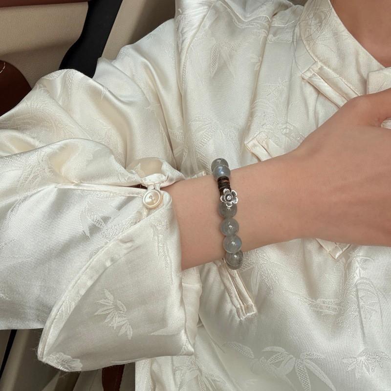 Handmade Gray Moonstone Crystal Bracelet With Agarwood Bead New Chinese Style Zen Womens Single Circle