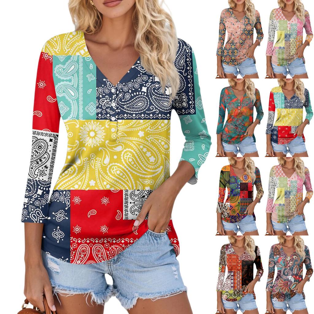 Women's Casual Fashion Sexy Comfortable V-Neck Button Floral Three-quarter Sleeve Top
