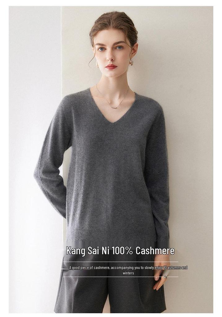 Women's 100% Pure Cashmere V-Neck Long Sleeve Pullover Sweater for Spring and Autumn.