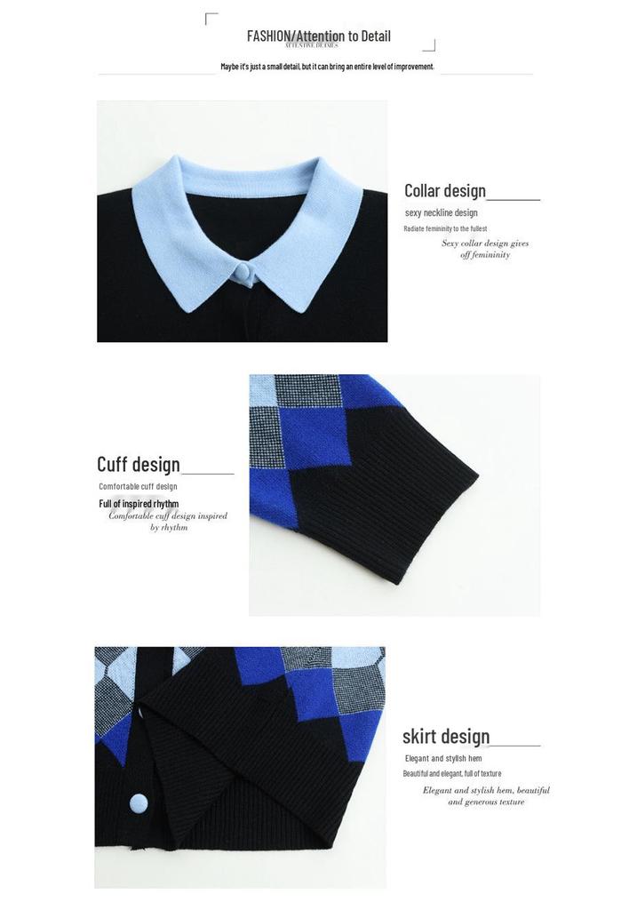 Women's Color-Block Lapel Knit Cardigan: Long-Sleeve, Slimming, Versatile, High-End Single-Breasted Wool Sweater.