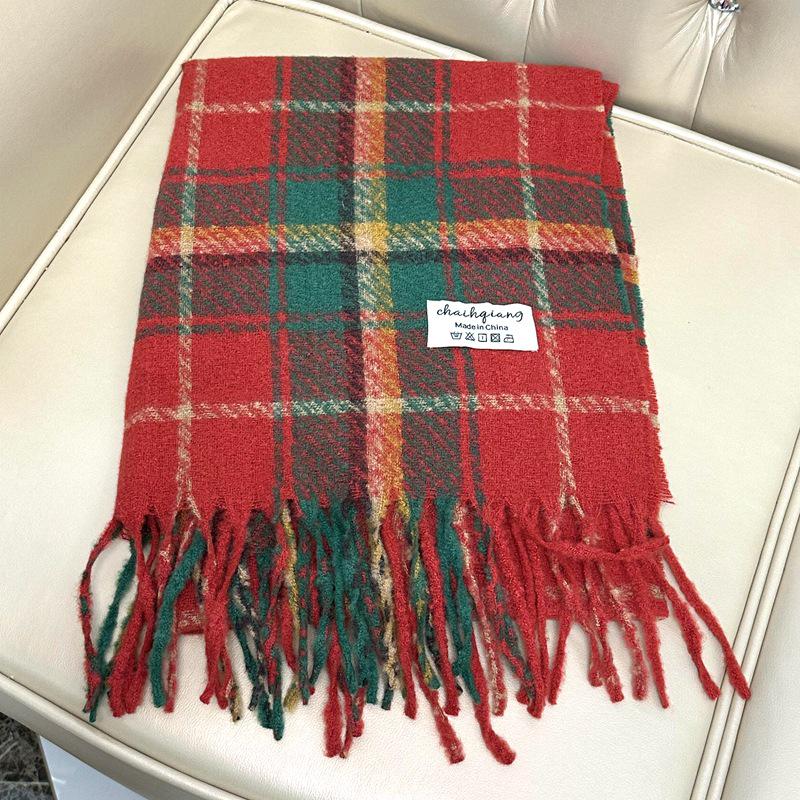 Korean Style Women's Red Plaid Winter Scarf - Thick, Warm Neckerchief, Perfect Christmas Gift for Students, 2024
