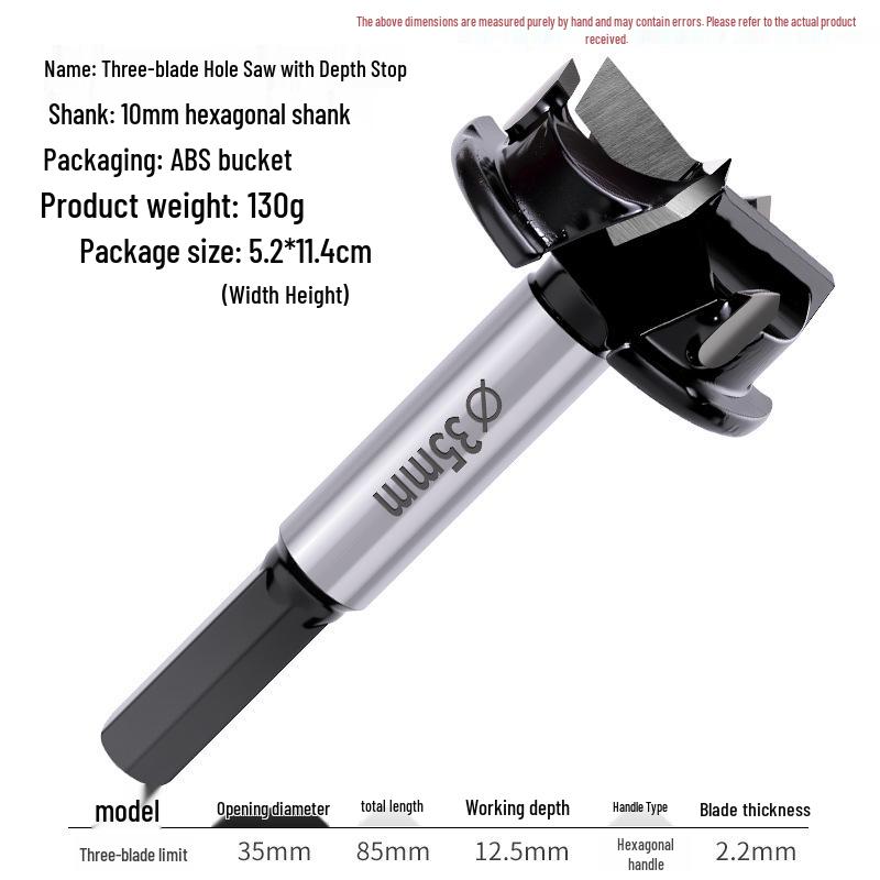 35mm Professional Double-Edge Hinge Hole Opener with Round & Hex Shank, Alloy Depth Stop