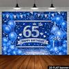 65th Birthday Party Banner Backdrop, Blue Silver Balloon Triangle Flag Firework Heart Gift, Polyester, Photo Wall Decor
