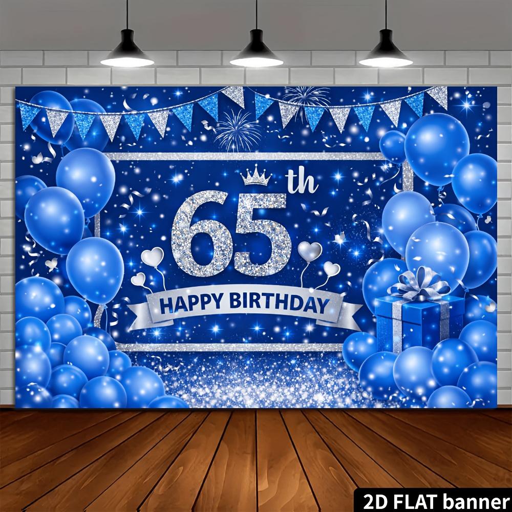 65th Birthday Party Banner Backdrop, Blue Silver Balloon Triangle Flag Firework Heart Gift, Polyester, Photo Wall Decor