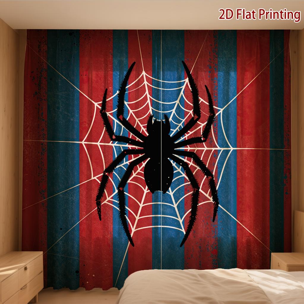 2PCS Halloween Curtains, Red Blue Stripe Spider, Digital Print, Bedroom Living Room, Office, Kitchen, Window Treatment